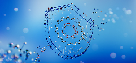 Molécules bleues créant une icône de bouclier.