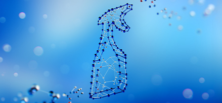 Blauwe moleculen die een spuitfles creëren.